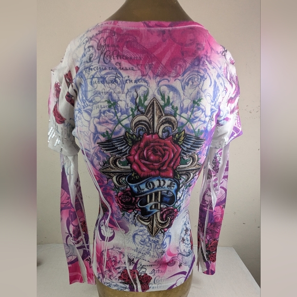 Passion Long Double Sleeve Blouse with Roses, Cross and Sequins Large - Picture 4 of 9